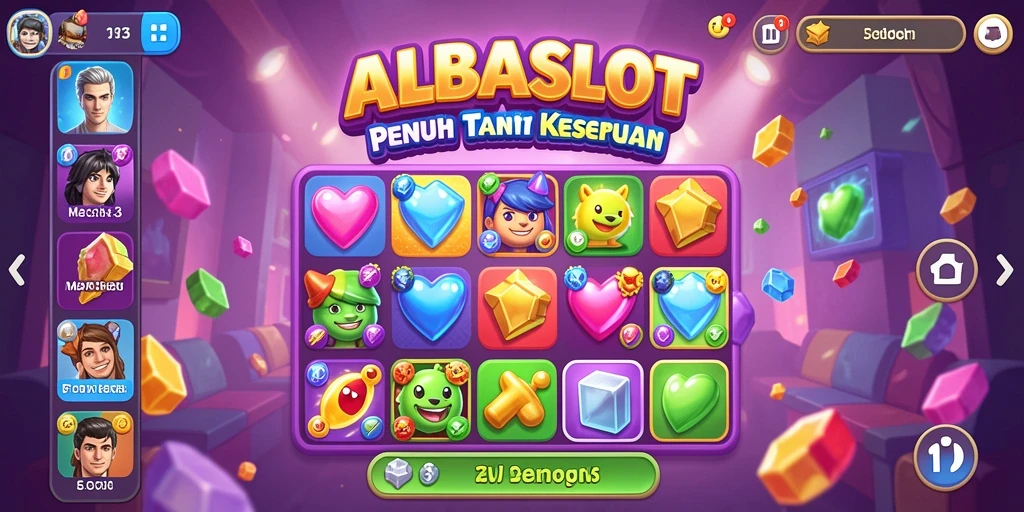 Tangkapan layar utama ALBASLOT menunjukkan gameplay seru Match-3 dengan penuh warna.
