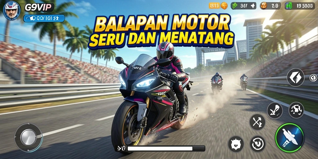 Tampilan gameplay G9VIP dengan aksi balapan motor yang mendebarkan.