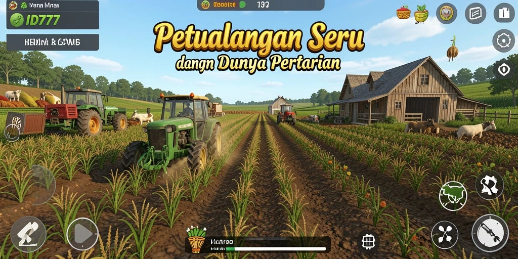 Gameplay menarik dari ID777 yang menunjukkan kebun yang subur dan hewan ternak.