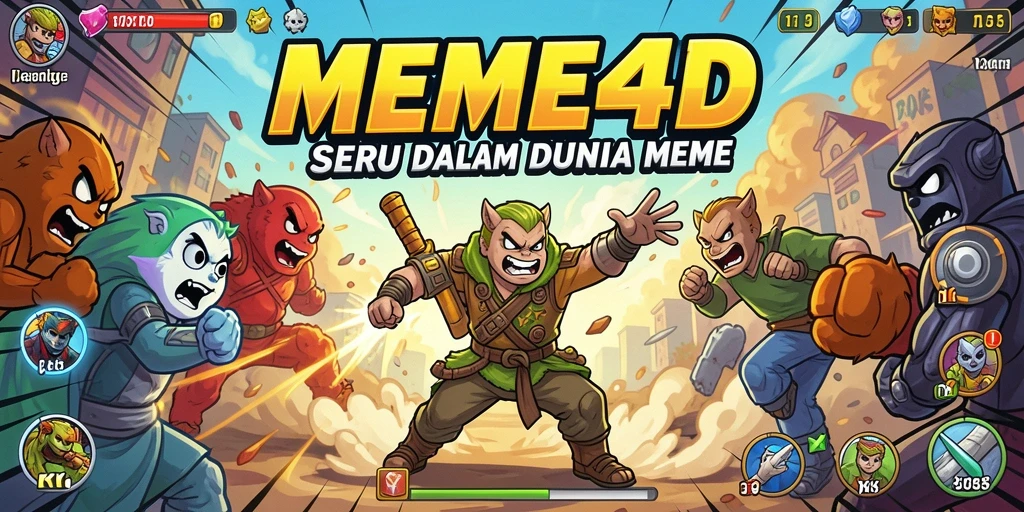 Screenshot gameplay utama MEME4D menampilkan karakter bertarung dengan latar belakang arena yang menarik.