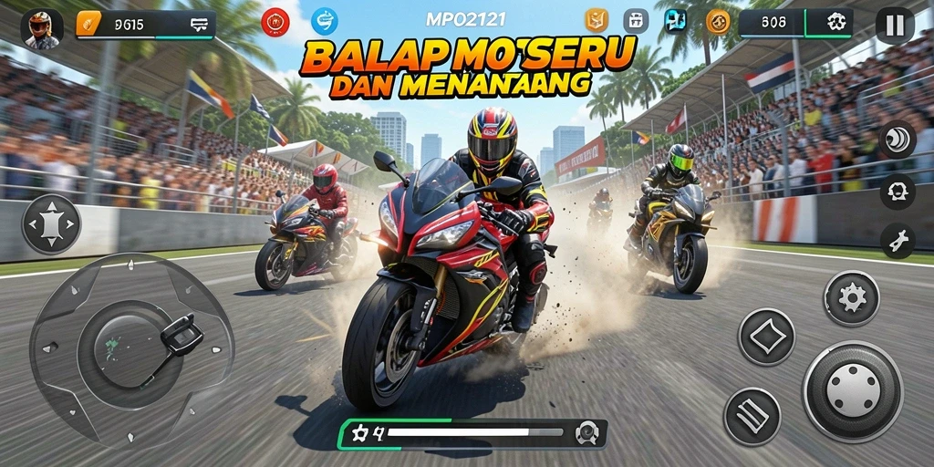 Gameplay seru MPO2121 dengan balap motor di trek yang menantang.
