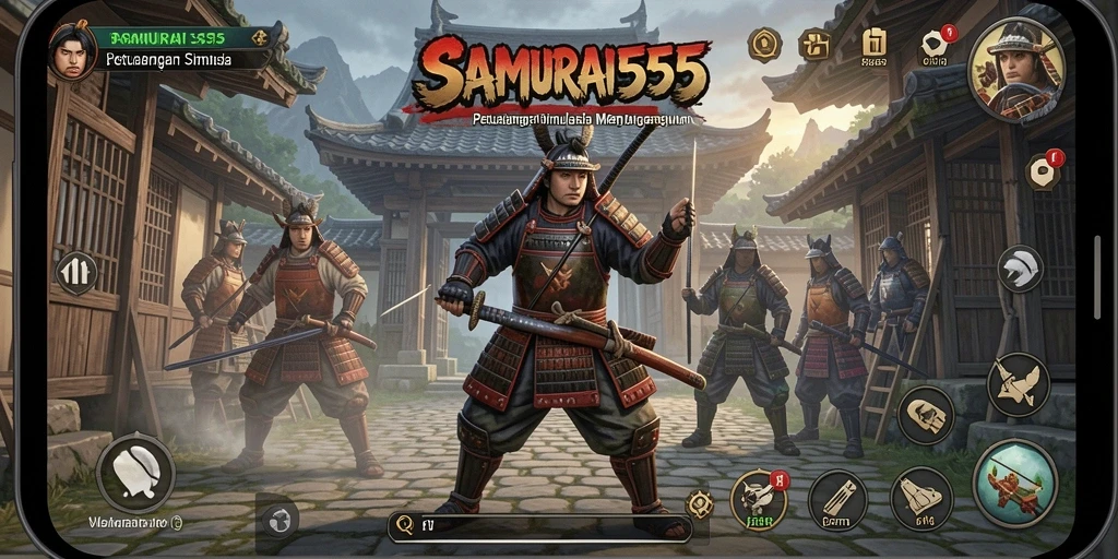 Tampilan gameplay menakjubkan di <strong>SAMURAI555</strong> yang menunjukkan aksi samurai.